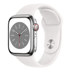 Apple Watch Series 8 GPS + Cellular 41 Mm Acier Inoxydable Argent Avec Bracelet Sport Blanc